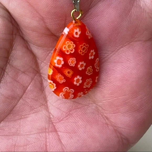 Orange & white Murano glass millefiori teardrop charm 925 sterling silver chain - Picture 2 of 7